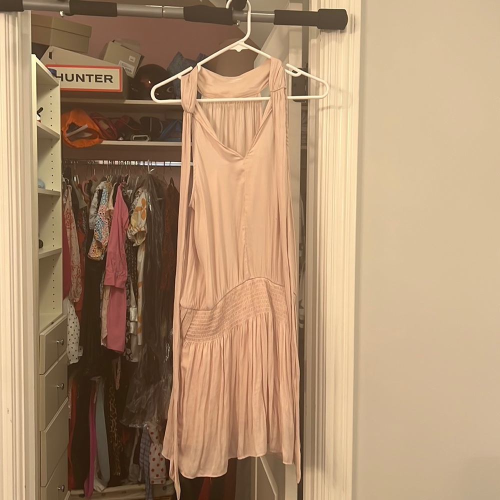 light pink DO+BE dress. halter at top with tie.
